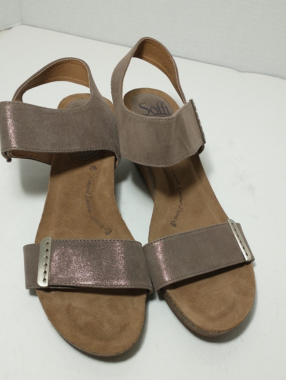 Sofft Strappy Leather Wedge Sandals, Metallic, Adjustable, Size 10,‎ Tan